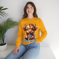 Coffee Addict Highland Cow Drinking Iced Coffee – Gildan Heavy Blend | Trendy Women’s Soft Sweatshirt. Direct to Garment. Printed & Shipped in the USA. Unisex Sizes.