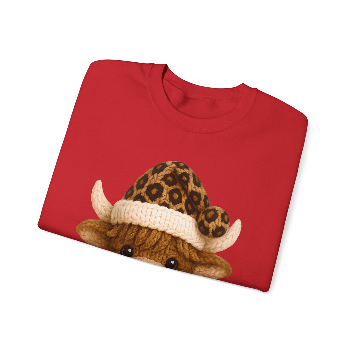 Cute Highland Cow with Leopard Santa Hat Christmas – Gildan Heavy Blend | Trendy Women’s Soft Sweatshirt. Direct to Garment. Printed & Shipped in the USA. Unisex Sizes.