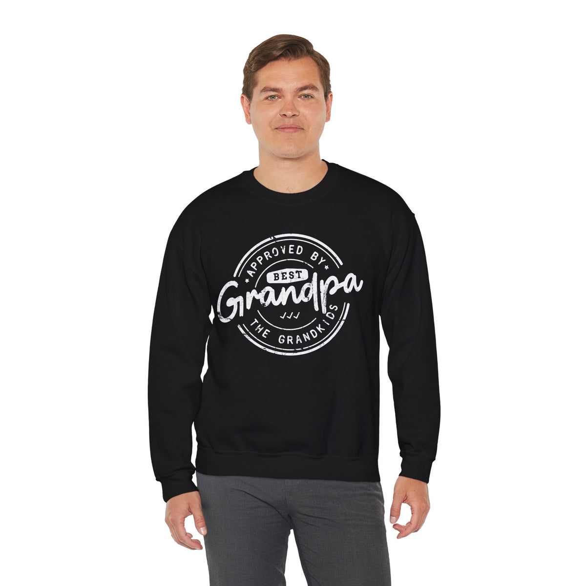 Best Grandpa, Approved by the Grandkids – Gildan Heavy Blend | Trendy Men's Soft Sweatshirt. Direct to Garment. Printed & Shipped in the USA. Unisex Sizes.