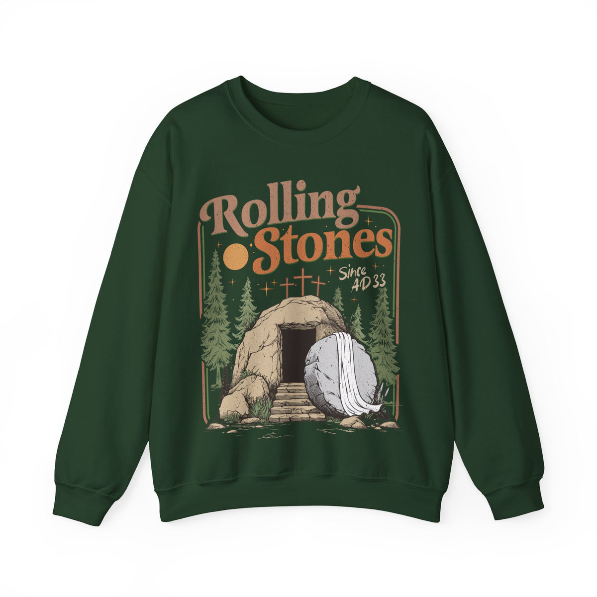 Rolling Stones "Since AD33" Easter Empty Tomb Christian – Gildan Heavy Blend | Trendy Men's and Women’s Soft Sweatshirt. Direct to Garment. Printed & Shipped in the USA. Unisex Sizes.