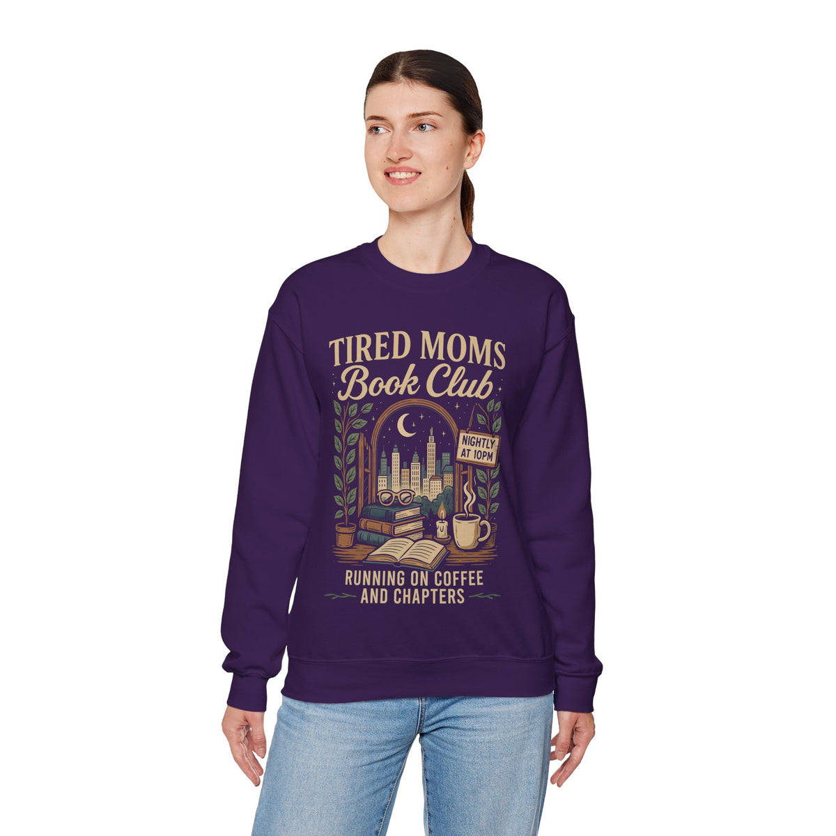 Tired Moms Book Club Running on Coffee and Chapters – Gildan Heavy Blend | Trendy Women’s Soft Sweatshirt. Direct to Garment. Printed & Shipped in the USA. Unisex Sizes.
