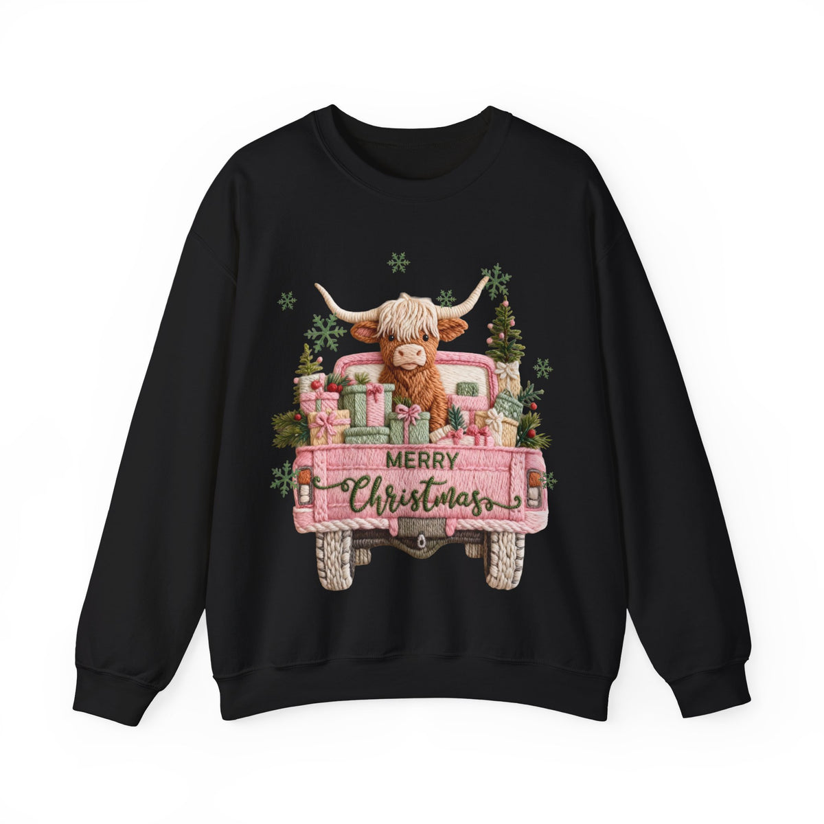 Highland Cow in Pink Truck Merry Christmas Holiday Farmhouse – Gildan Heavy Blend | Trendy Women’s Soft Sweatshirt. Direct to Garment. Printed & Shipped in the USA. Unisex Sizes.