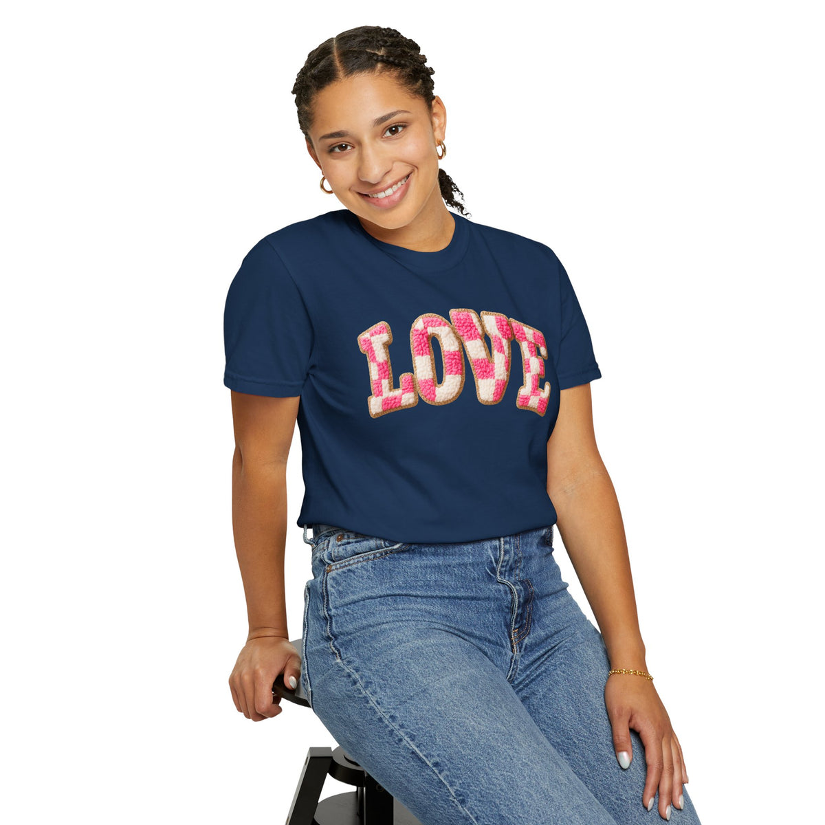 Faux Crochet Checkered LOVE - Comfort Colors | Trendy Women's T-Shirt. Direct to Garment. Printed & Shipped in the USA. Unisex Sizes.
