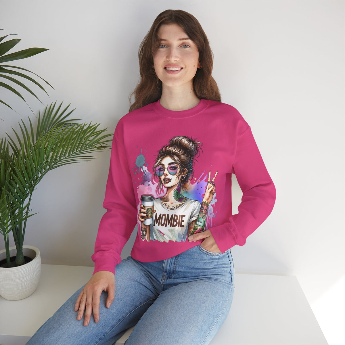 Cool Mombie with Coffee Peace Tattoo - Tired Mom – Gildan Heavy Blend | Trendy Women’s Soft Sweatshirt. Direct to Garment. Printed & Shipped in the USA. Unisex Sizes.