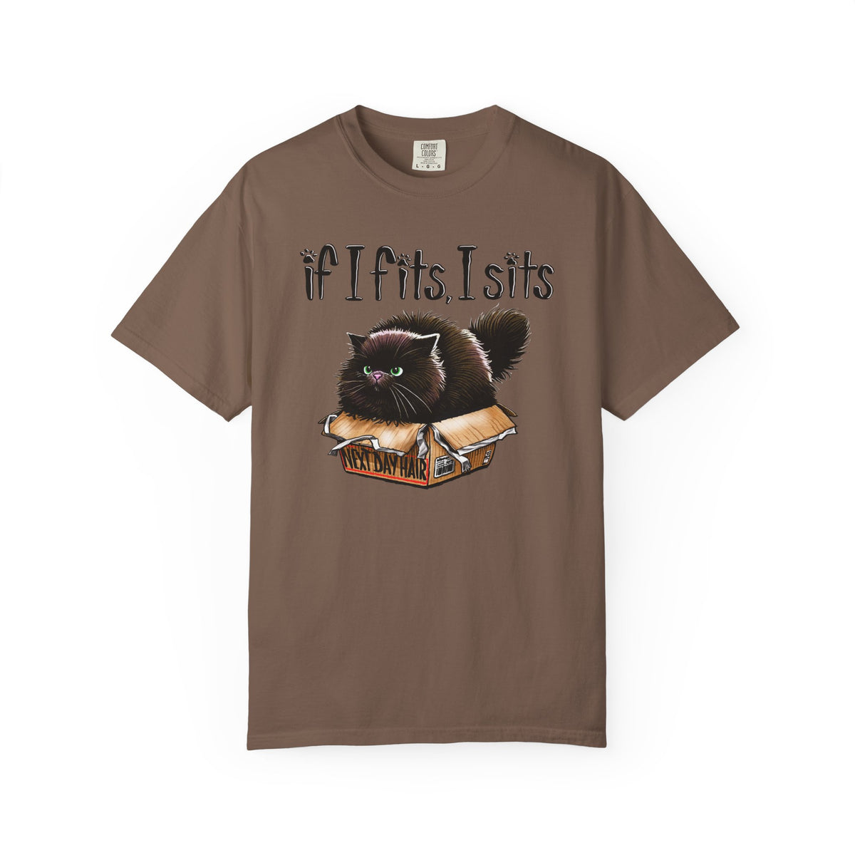 If I Fits I Sits, Cat in a Box - Comfort Colors | Trendy Women's and Men's T-Shirt. Direct to Garment. Printed & Shipped in the USA. Unisex Sizes.