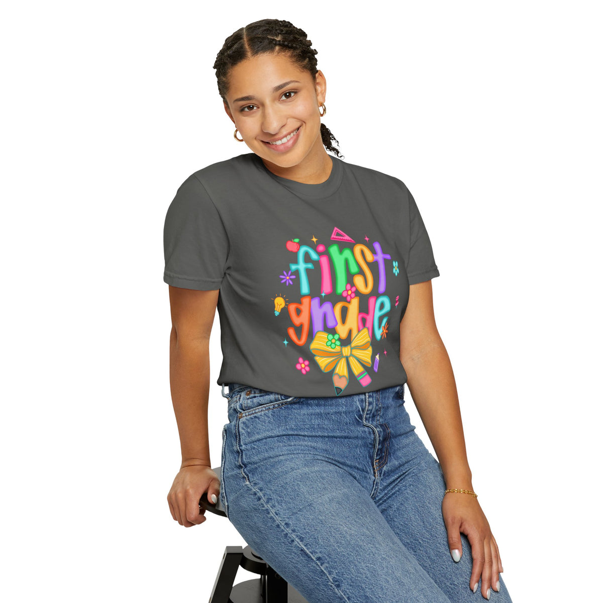Coquette First Grade Pencil Bow - Comfort Colors | Trendy Women's T-Shirt. Direct to Garment. Printed & Shipped in the USA. Unisex Sizes.