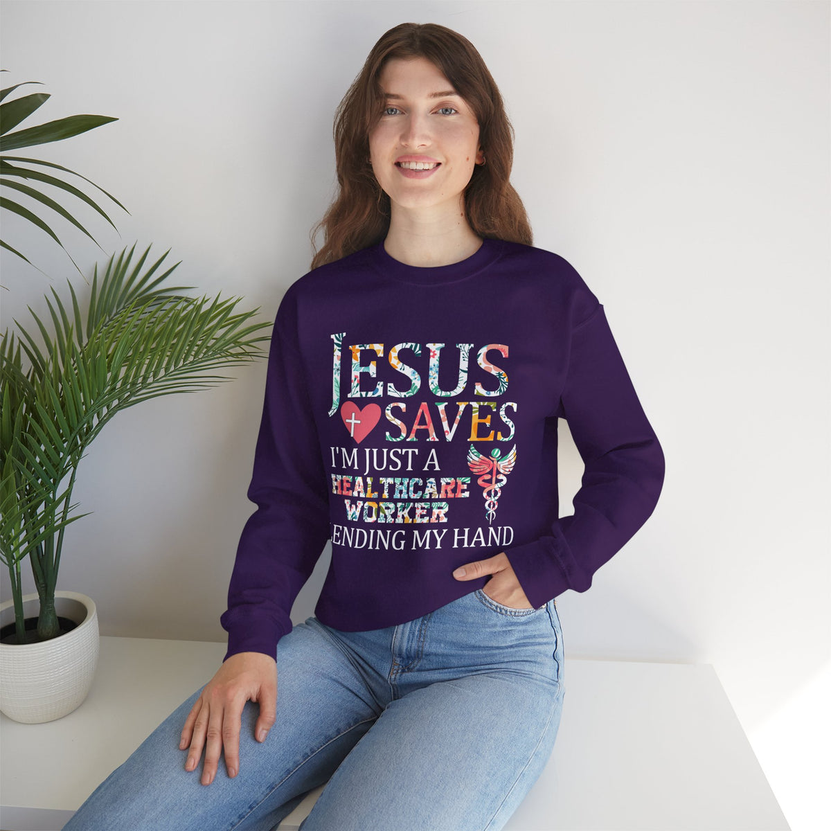Jesus Saves - Healthcare Worker Lending My Hand – Gildan Heavy Blend | Trendy Women’s Soft Sweatshirt. Direct to Garment. Printed & Shipped in the USA. Unisex Sizes.