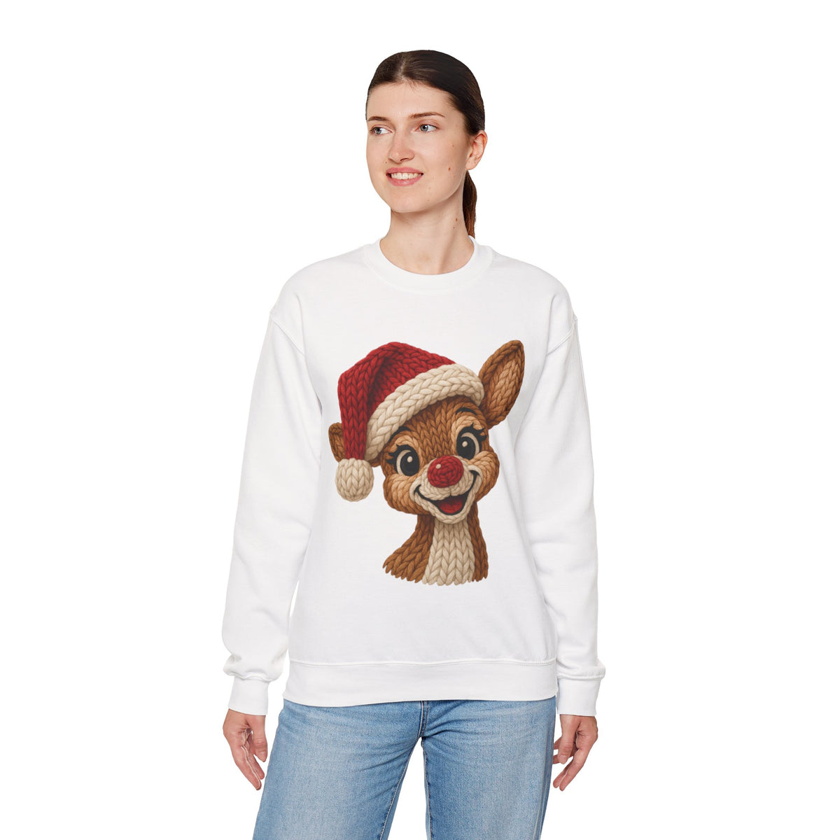 Cute Rudolph Faux Knit Look Reindeer w/Santa Hat – Gildan Heavy Blend | Trendy Women’s Soft Sweatshirt. Direct to Garment. Printed & Shipped in the USA. Unisex Sizes.