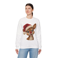 Cute Rudolph Faux Knit Look Reindeer w/Santa Hat – Gildan Heavy Blend | Trendy Women’s Soft Sweatshirt. Direct to Garment. Printed & Shipped in the USA. Unisex Sizes.
