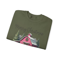 Merry Christmas Pink Barn Farm Animals – Gildan Heavy Blend | Trendy Women’s Soft Sweatshirt. Direct to Garment. Printed & Shipped in the USA. Unisex Sizes.