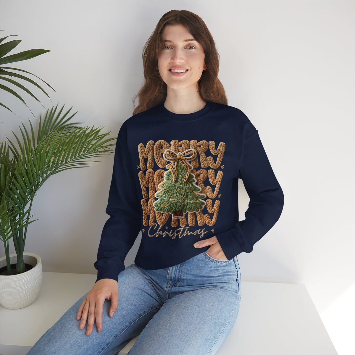 Merry Merry Merry Christmas, Faux Latch Hook Yarn – Gildan Heavy Blend | Trendy Women’s Soft Sweatshirt. Direct to Garment. Printed & Shipped in the USA. Unisex Sizes.