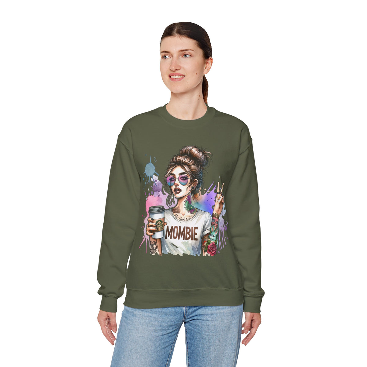 Cool Mombie with Coffee Peace Tattoo - Tired Mom – Gildan Heavy Blend | Trendy Women’s Soft Sweatshirt. Direct to Garment. Printed & Shipped in the USA. Unisex Sizes.