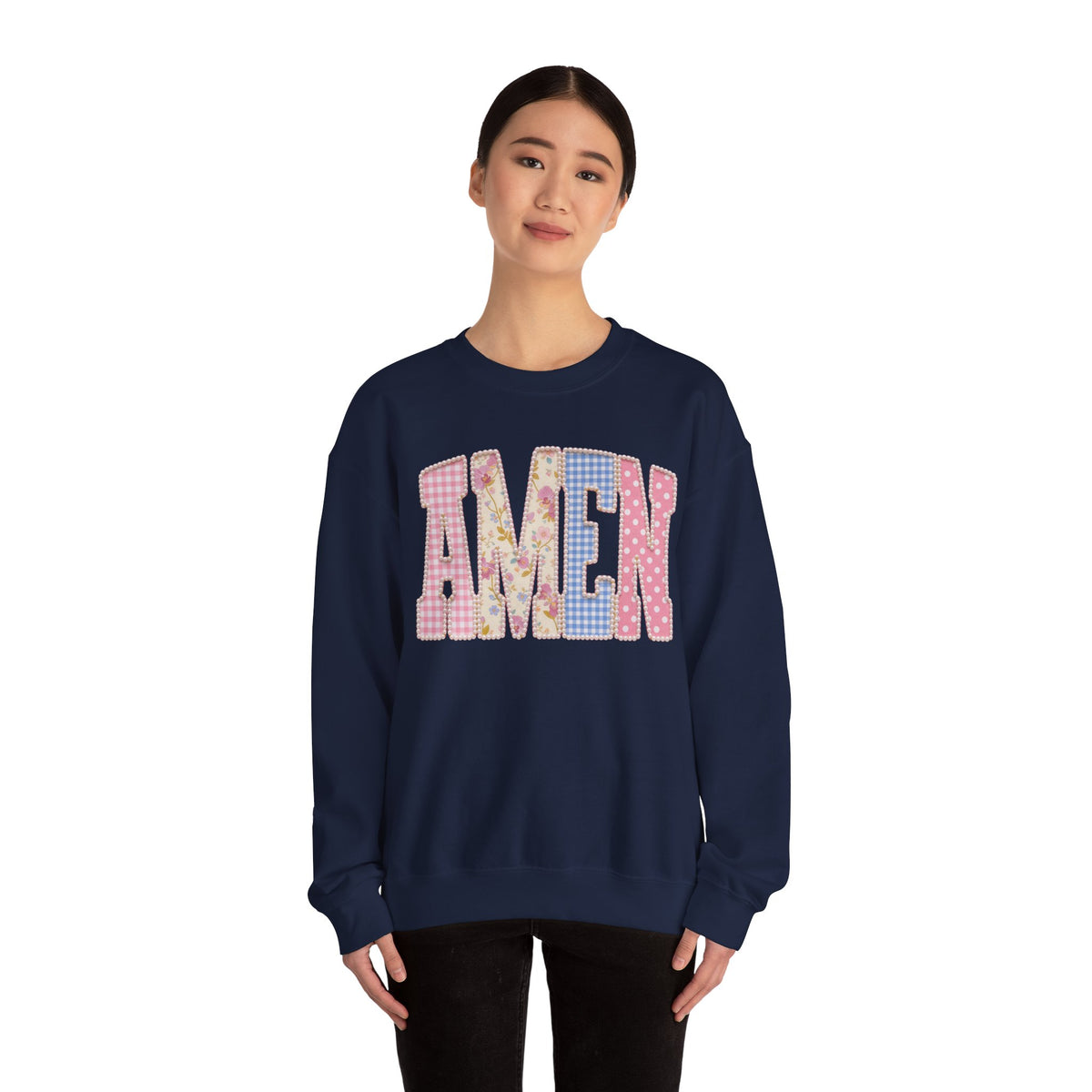Pastel faux Patchwork AMEN with faux Pearls – Gildan Heavy Blend | Trendy Women’s Soft Sweatshirt. Direct to Garment. Printed & Shipped in the USA. Unisex Sizes.