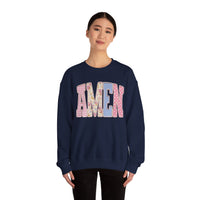 Pastel faux Patchwork AMEN with faux Pearls – Gildan Heavy Blend | Trendy Women’s Soft Sweatshirt. Direct to Garment. Printed & Shipped in the USA. Unisex Sizes.