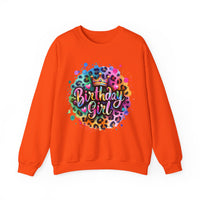 Birthday Girl, Neon Leopard – Gildan Heavy Blend | Trendy Women’s Soft Sweatshirt. Direct to Garment. Printed & Shipped in the USA. Unisex Sizes.