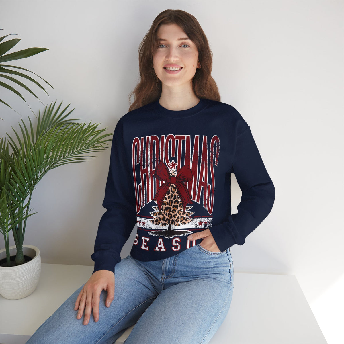 Christmas Season Leopard Tree Distressed – Gildan Heavy Blend | Trendy Women’s Soft Sweatshirt. Direct to Garment. Printed & Shipped in the USA. Unisex Sizes.