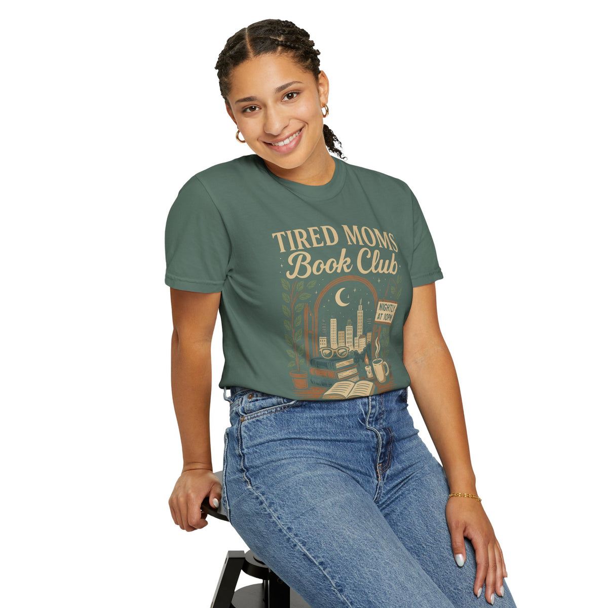 Tired Moms Book Club Running on Coffee and Chapters - Comfort Colors | Trendy Women's T-Shirt. Direct to Garment. Printed & Shipped in the USA. Unisex Sizes.