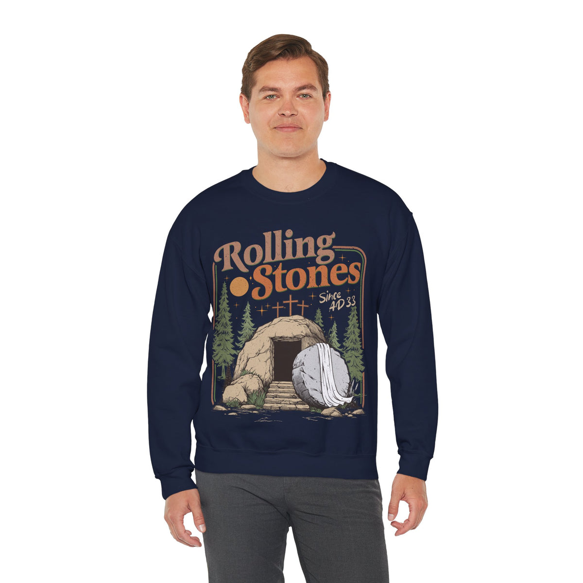 Rolling Stones "Since AD33" Easter Empty Tomb Christian – Gildan Heavy Blend | Trendy Men's and Women’s Soft Sweatshirt. Direct to Garment. Printed & Shipped in the USA. Unisex Sizes.