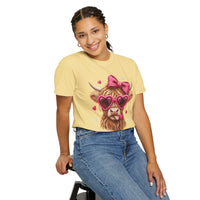 Highland Cow - Pink Heart Shaped Glasses - Comfort Colors | Trendy Women's T-Shirt. Direct to Garment. Printed & Shipped in the USA. Unisex Sizes.