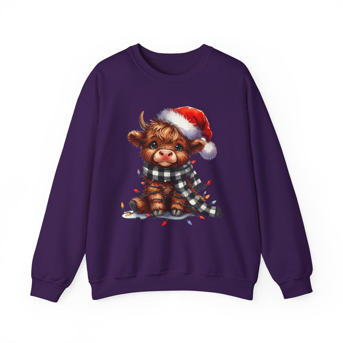 Cute Highland Cow Santa Hat Scarf Christmas Lights – Gildan Heavy Blend | Trendy Women’s Soft Sweatshirt. Direct to Garment. Printed & Shipped in the USA. Unisex Sizes.