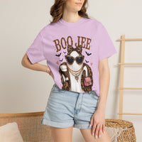 BooJee Ghost with Coffee - Halloween - Comfort Colors | Trendy Women's T-Shirt. Direct to Garment. Printed & Shipped in the USA. Unisex Sizes.