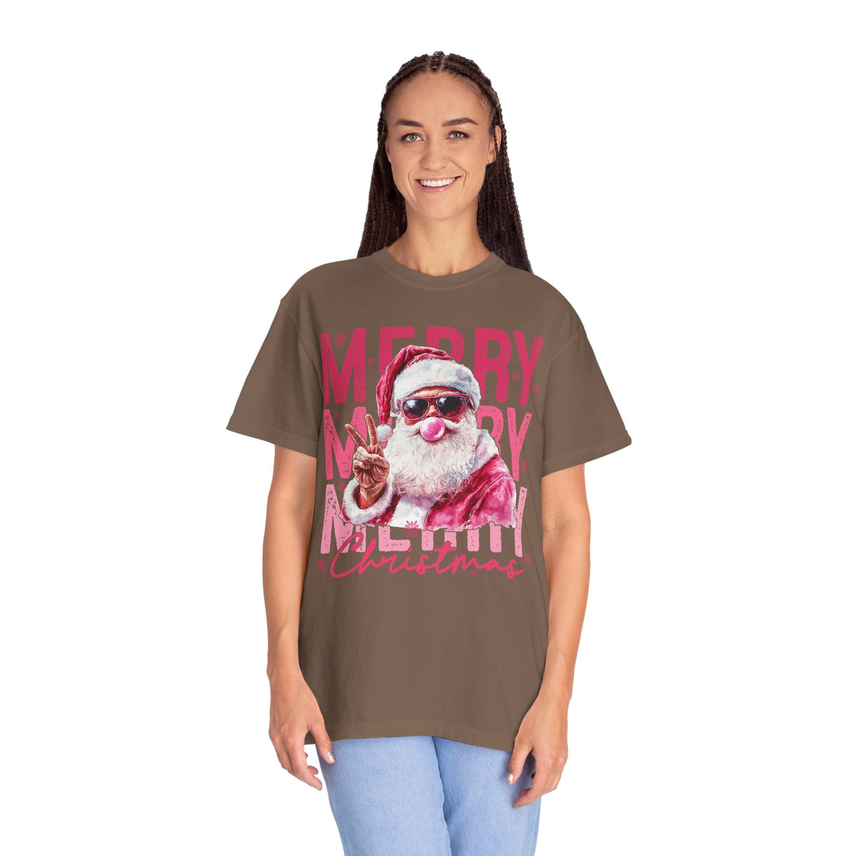 Pink Merry Christmas Bubblegum Santa - Comfort Colors | Trendy Women's T-Shirt. Direct to Garment. Printed & Shipped in the USA. Unisex Sizes.