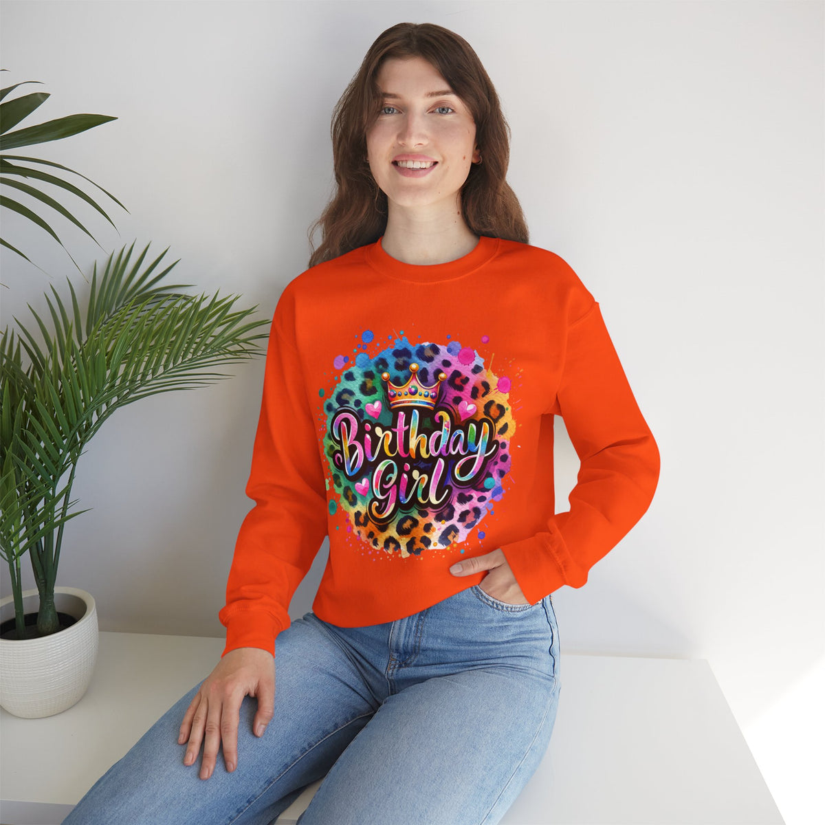 Birthday Girl, Neon Leopard – Gildan Heavy Blend | Trendy Women’s Soft Sweatshirt. Direct to Garment. Printed & Shipped in the USA. Unisex Sizes.