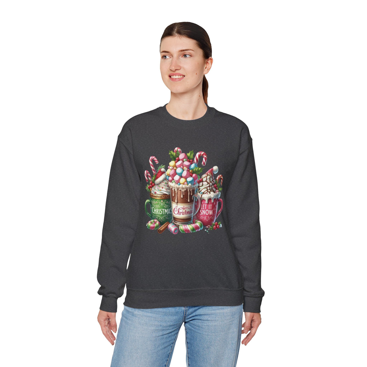 Hot Chocolate Mugs Christmas Hot Cocoa – Gildan Heavy Blend | Trendy Women’s Soft Sweatshirt. Direct to Garment. Printed & Shipped in the USA. Unisex Sizes.