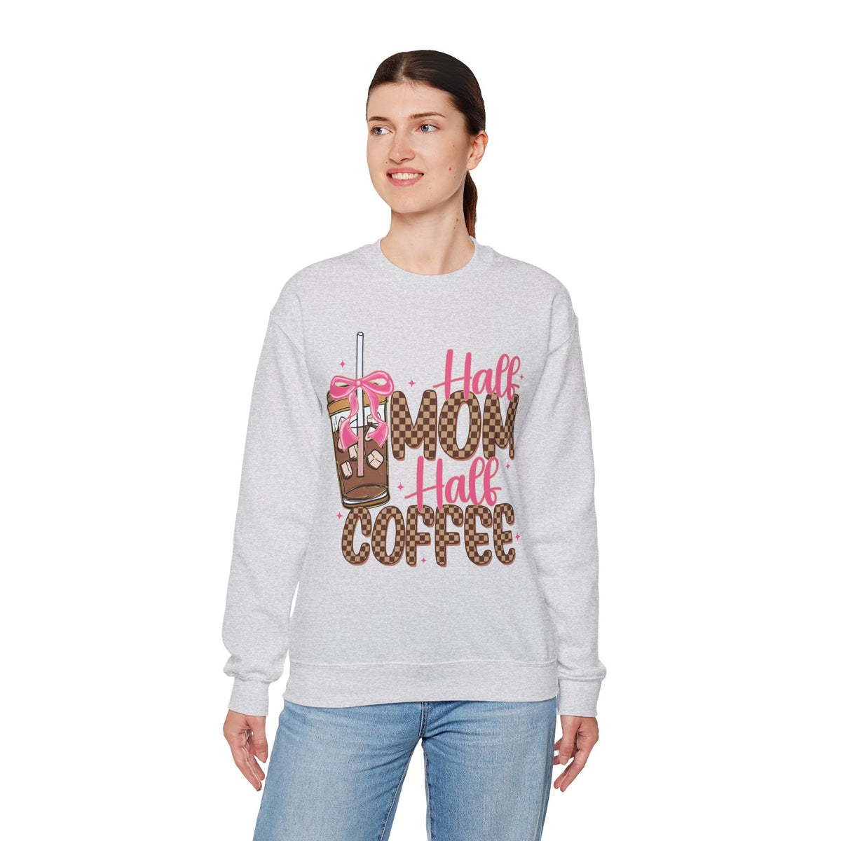 Half Mom Half Coffee, Cute Leopard Print Coffee Design – Gildan Heavy Blend | Trendy Women’s Soft Sweatshirt. Direct to Garment. Printed & Shipped in the USA. Unisex Sizes.