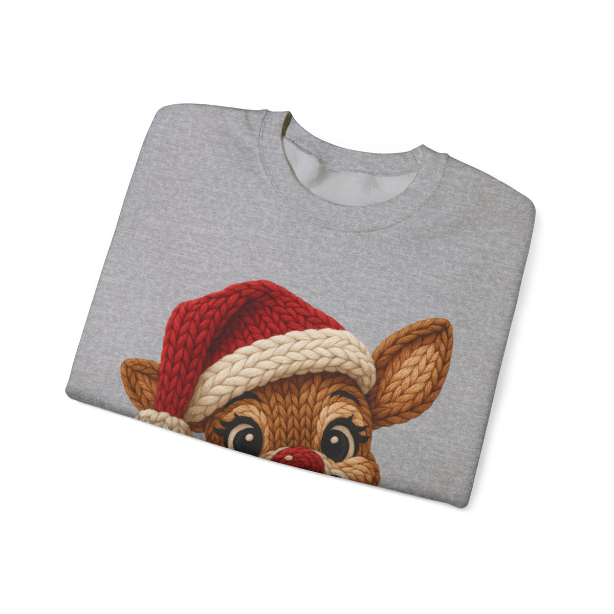Cute Rudolph Faux Knit Look Reindeer w/Santa Hat – Gildan Heavy Blend | Trendy Women’s Soft Sweatshirt. Direct to Garment. Printed & Shipped in the USA. Unisex Sizes.