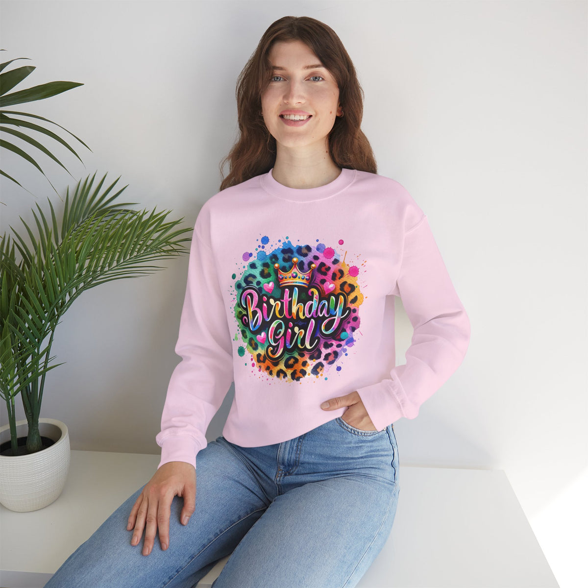 Birthday Girl, Neon Leopard – Gildan Heavy Blend | Trendy Women’s Soft Sweatshirt. Direct to Garment. Printed & Shipped in the USA. Unisex Sizes.