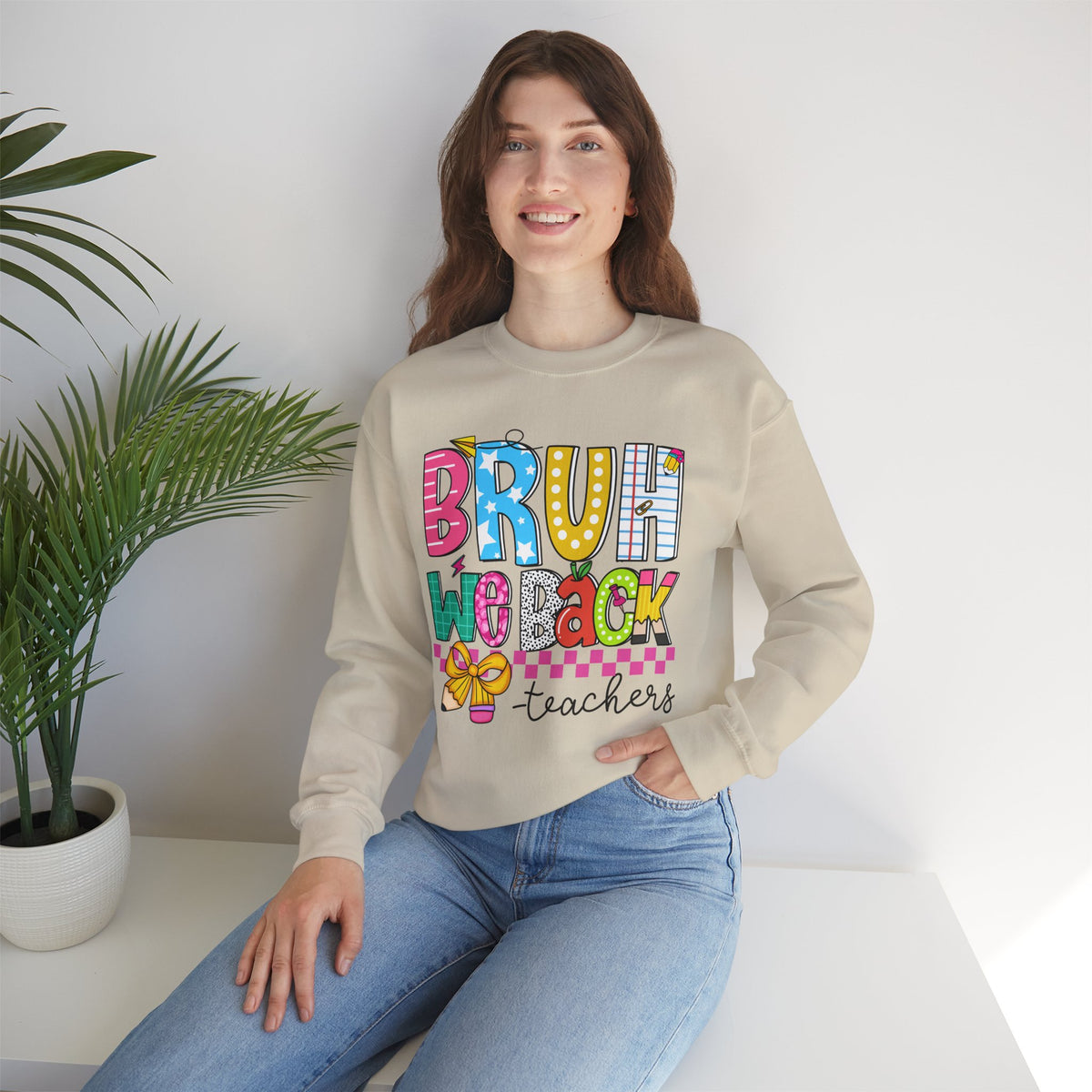 Bruh We Back - Gift For Teachers – Gildan Heavy Blend | Trendy Women’s and Men's Soft Sweatshirt. Direct to Garment. Printed & Shipped in the USA. Unisex Sizes.