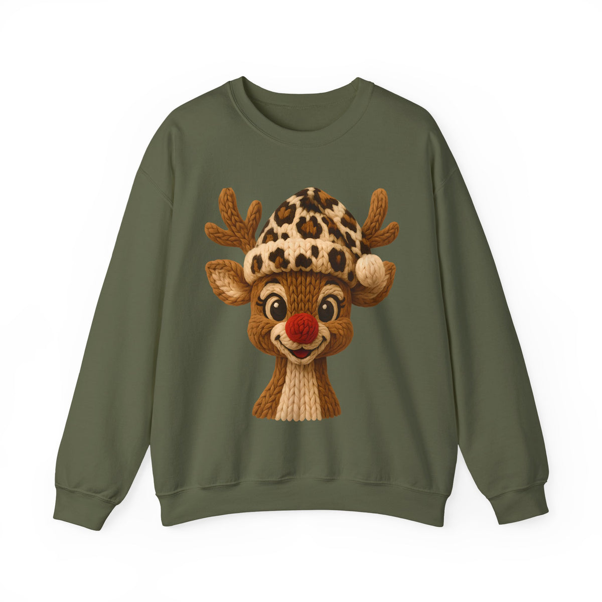 Rudolph Reindeer Leopard Santa Hat Christmas – Gildan Heavy Blend | Trendy Women’s Soft Sweatshirt. Direct to Garment. Printed & Shipped in the USA. Unisex Sizes.