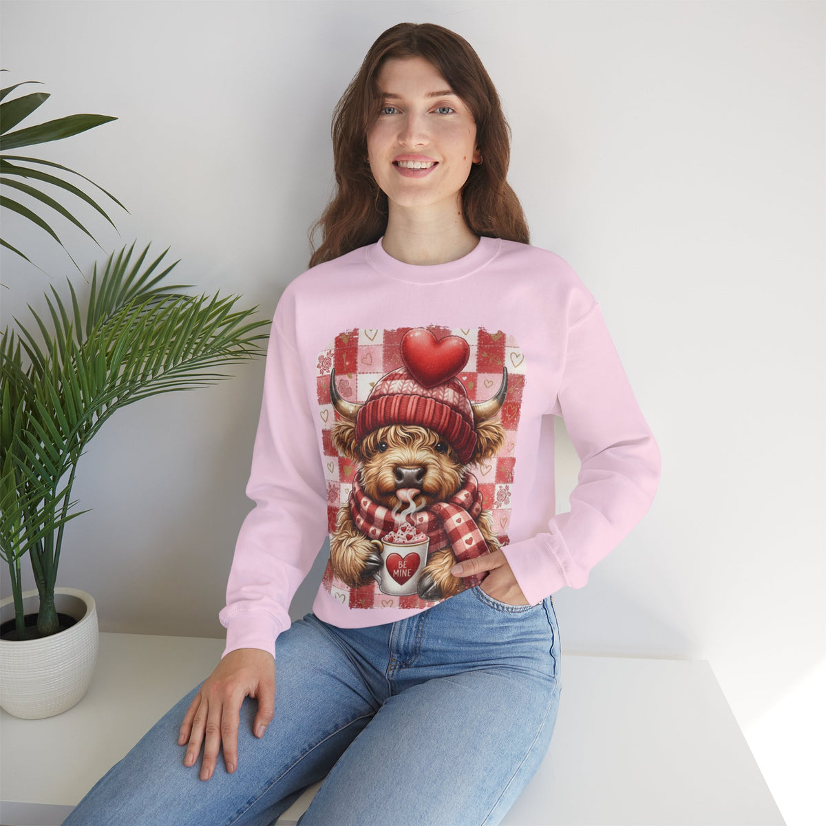 Highland Cow Be Mine, Red Checkered – Gildan Heavy Blend | Trendy Women’s Soft Sweatshirt. Direct to Garment. Printed & Shipped in the USA. Unisex Sizes.