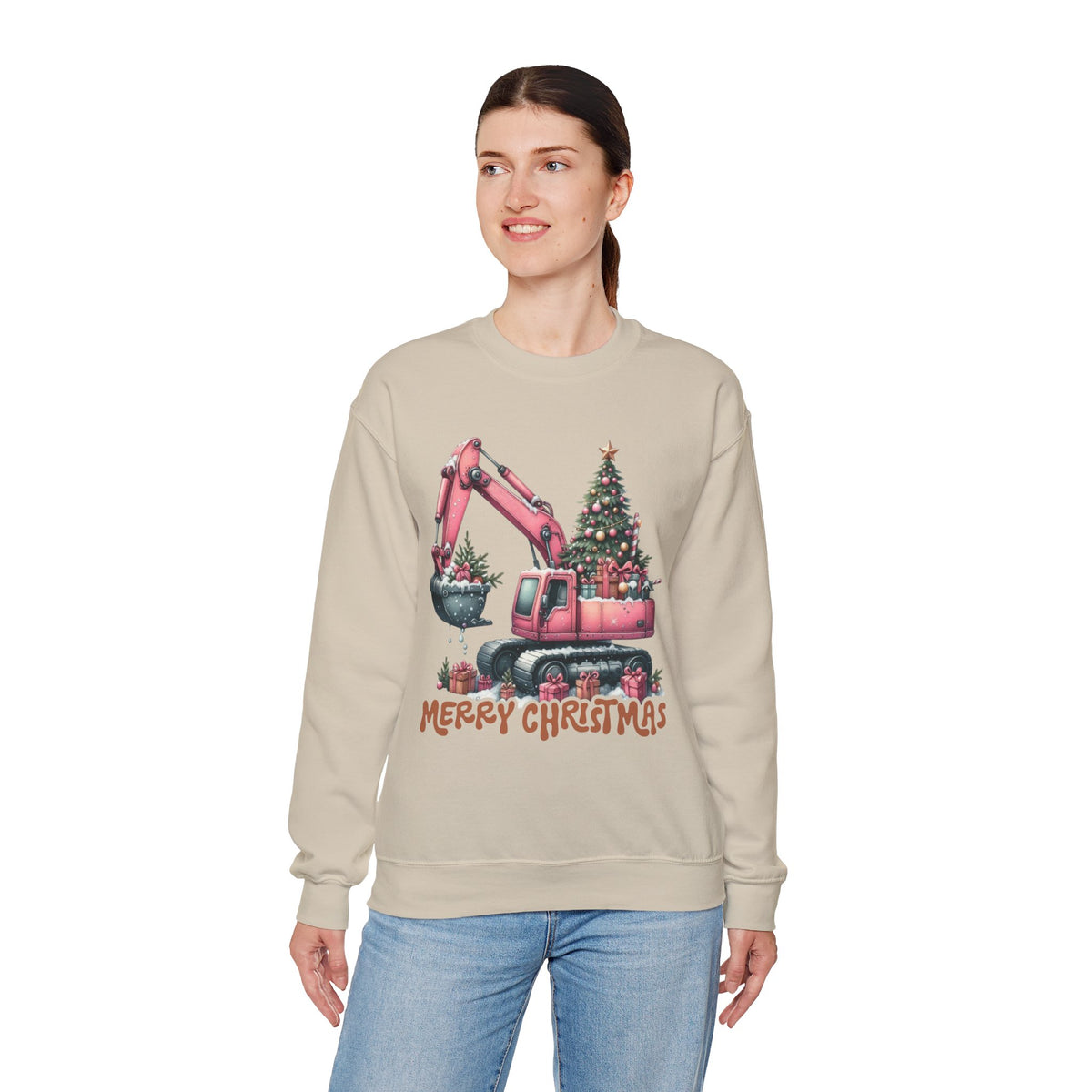 Excavator Merry Christmas Construction – Gildan Heavy Blend | Trendy Women’s Soft Sweatshirt. Direct to Garment. Printed & Shipped in the USA. Unisex Sizes.