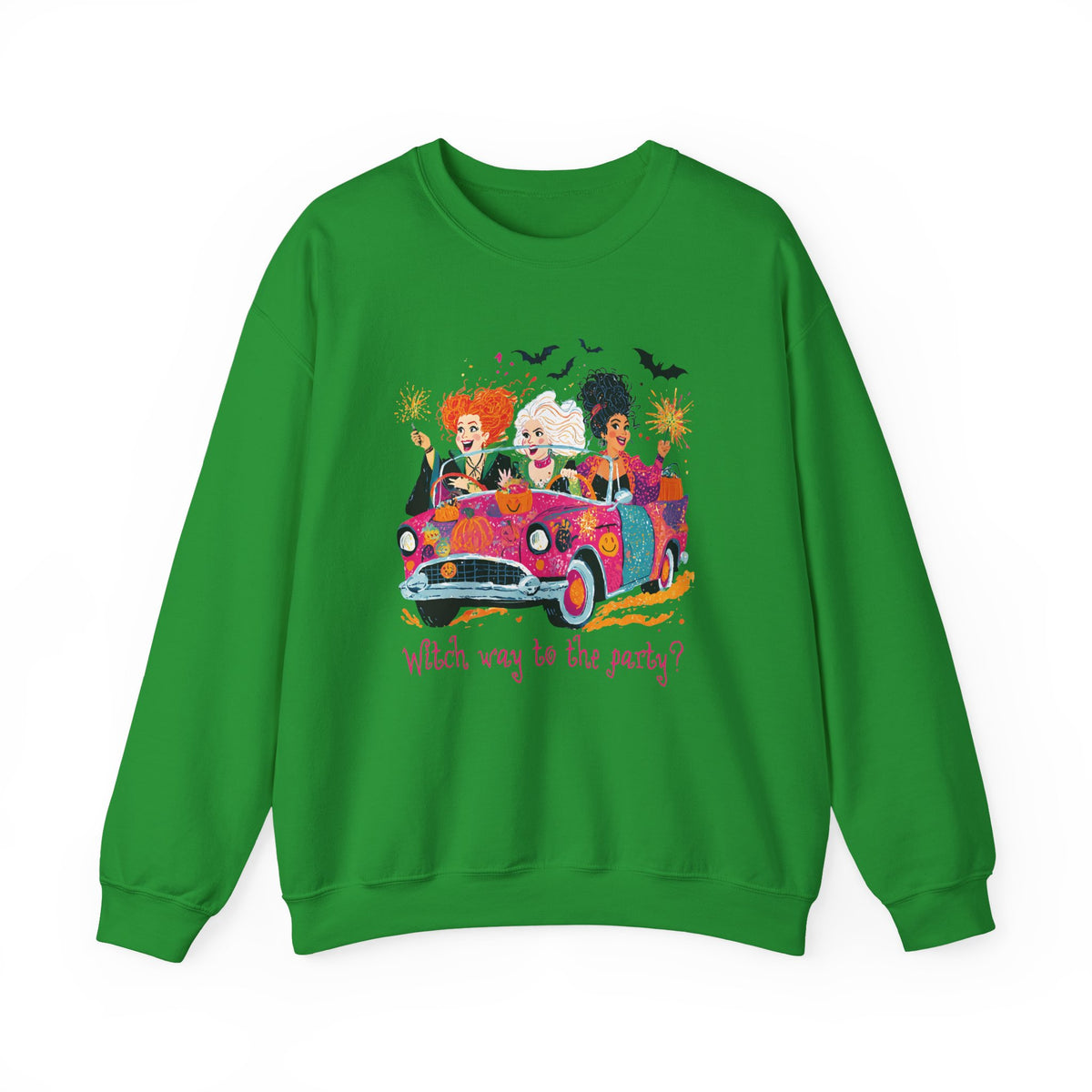 Witch Way to the Party? – Gildan Heavy Blend | Trendy Women’s Soft Sweatshirt. Direct to Garment. Printed & Shipped in the USA. Unisex Sizes.
