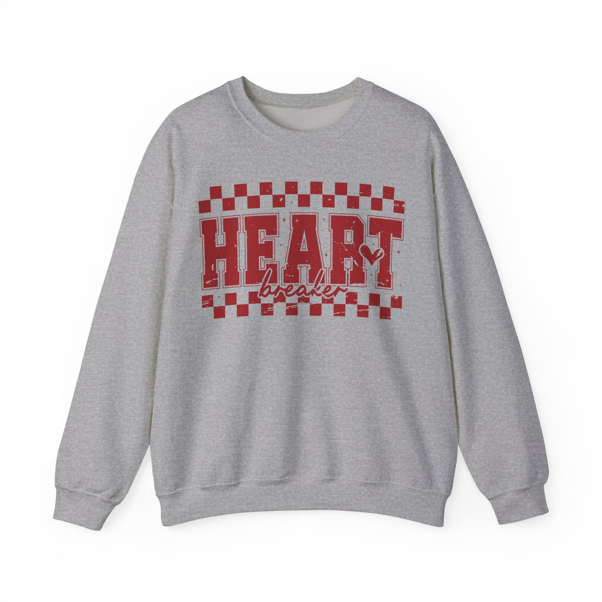 Heart Breaker, Red Checkered Distressed – Gildan Heavy Blend | Trendy Women’s Soft Sweatshirt. Direct to Garment. Printed & Shipped in the USA. Unisex Sizes.