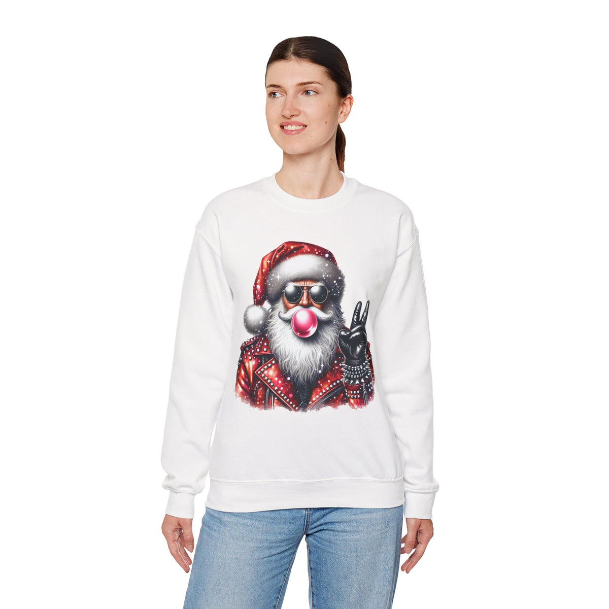 Biker Santa Leather Jacket Bubblegum – Gildan Heavy Blend | Trendy Women’s and Men's Soft Sweatshirt. Direct to Garment. Printed & Shipped in the USA. Unisex Sizes.