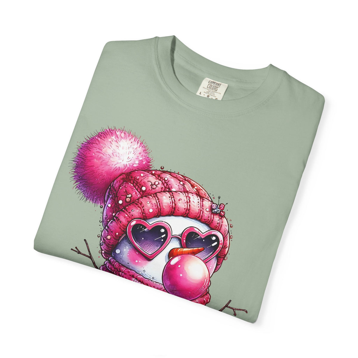 Pink Girly Snowman with Heart Sunglasses and Bubblegum Winter - Comfort Colors | Trendy Women's T-Shirt. Direct to Garment. Printed & Shipped in the USA. Unisex Sizes.