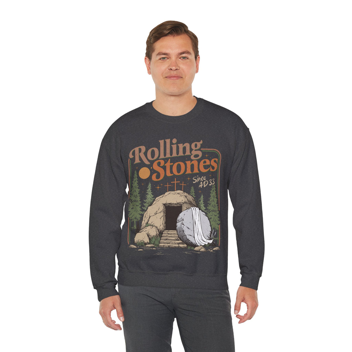 Rolling Stones "Since AD33" Easter Empty Tomb Christian – Gildan Heavy Blend | Trendy Men's and Women’s Soft Sweatshirt. Direct to Garment. Printed & Shipped in the USA. Unisex Sizes.
