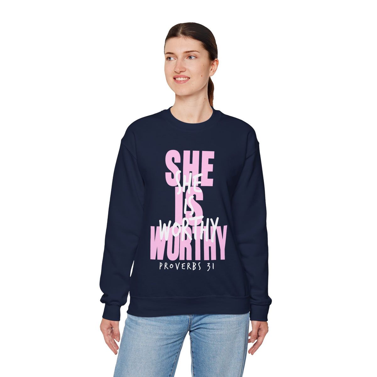 She Is Worthy – Gildan Heavy Blend | Trendy Women’s Soft Sweatshirt. Direct to Garment. Printed & Shipped in the USA. Unisex Sizes.