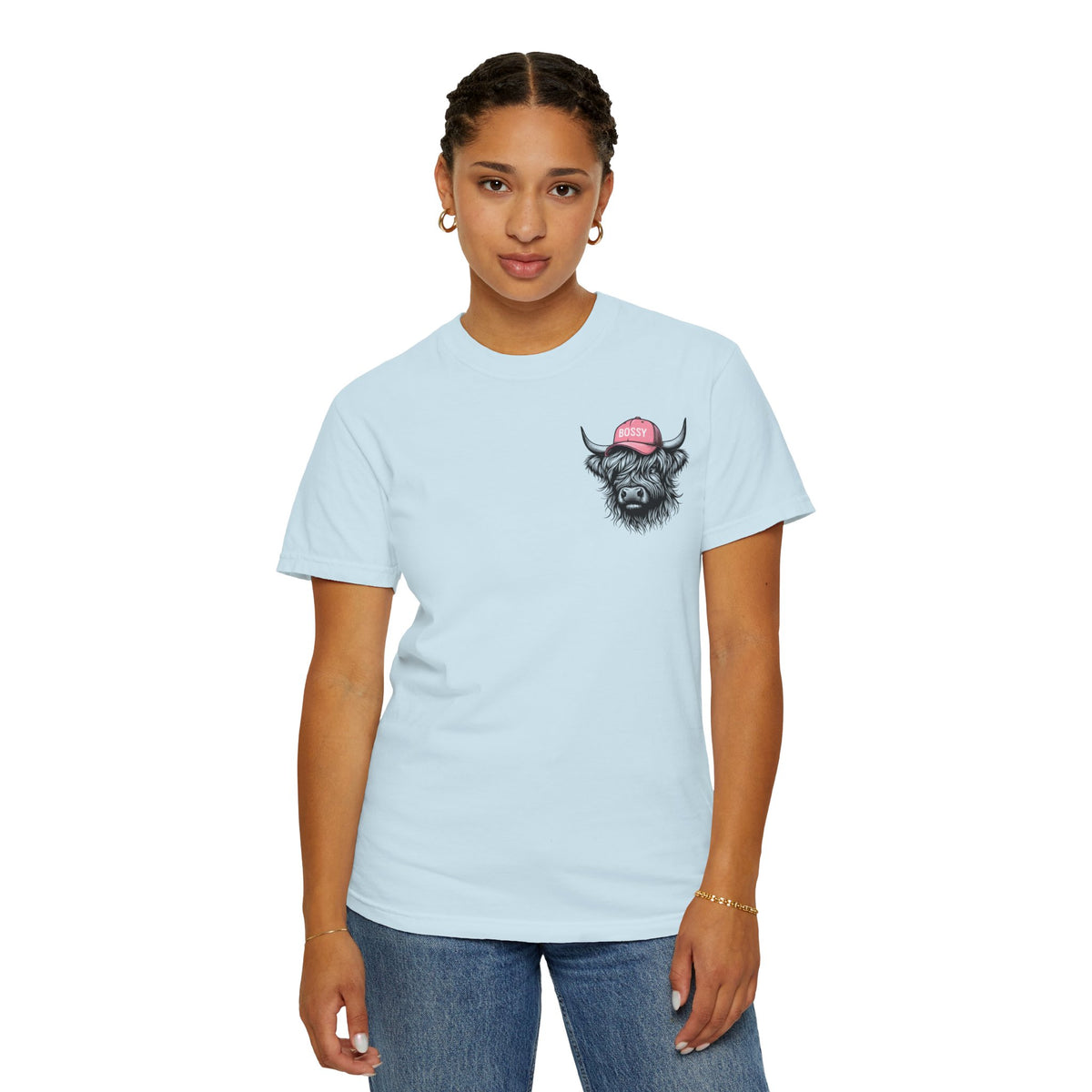 Head Heffa Highland Cow, Front & Back Print - Comfort Colors | Trendy Women's T-Shirt. Direct to Garment. Printed & Shipped in the USA. Unisex Sizes.
