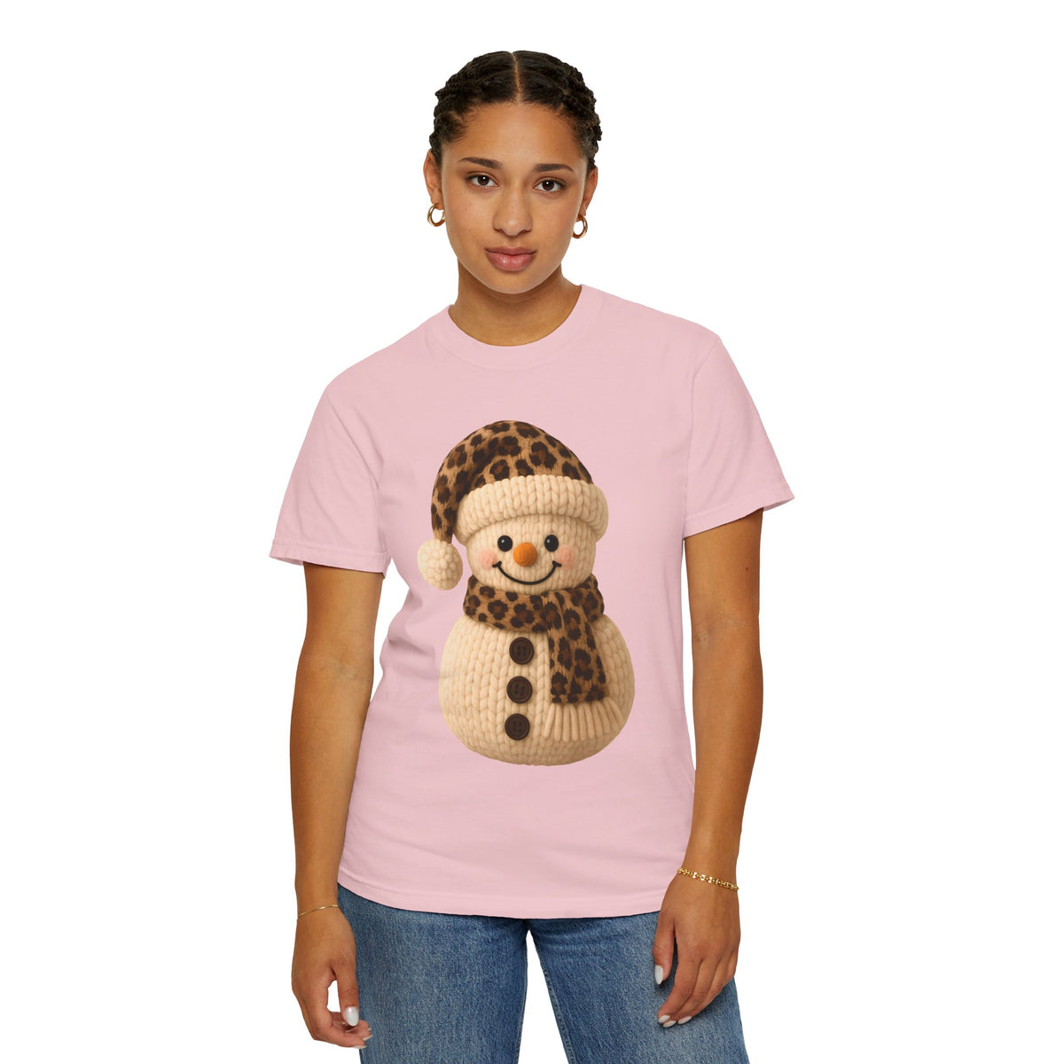 Cute Leopard Faux Knit Snowman Winter - Comfort Colors | Trendy Women's T-Shirt. Direct to Garment. Printed & Shipped in the USA. Unisex Sizes.