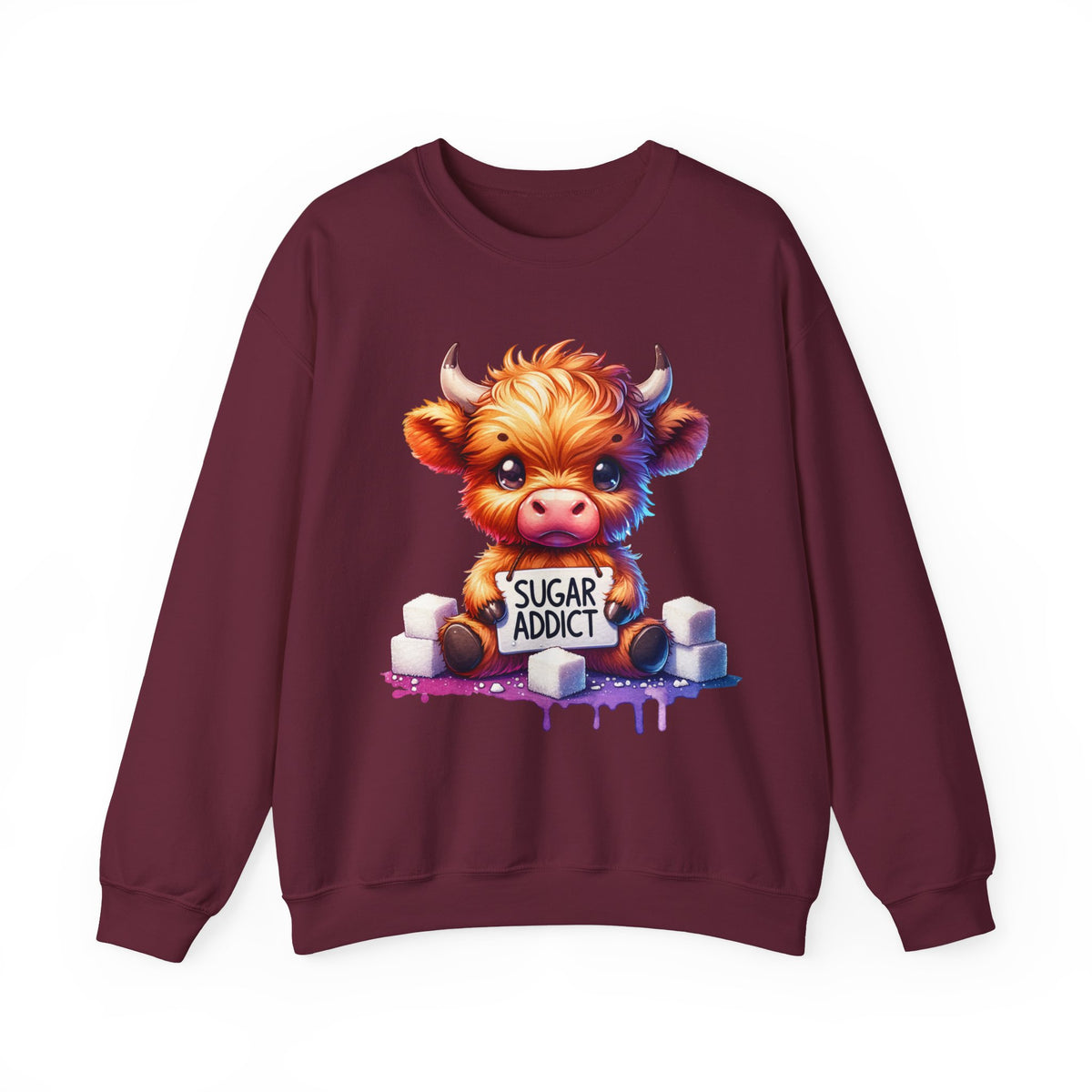 Sugar Addict Highland Cow – Gildan Heavy Blend | Trendy Women’s Soft Sweatshirt. Direct to Garment. Printed & Shipped in the USA. Unisex Sizes.