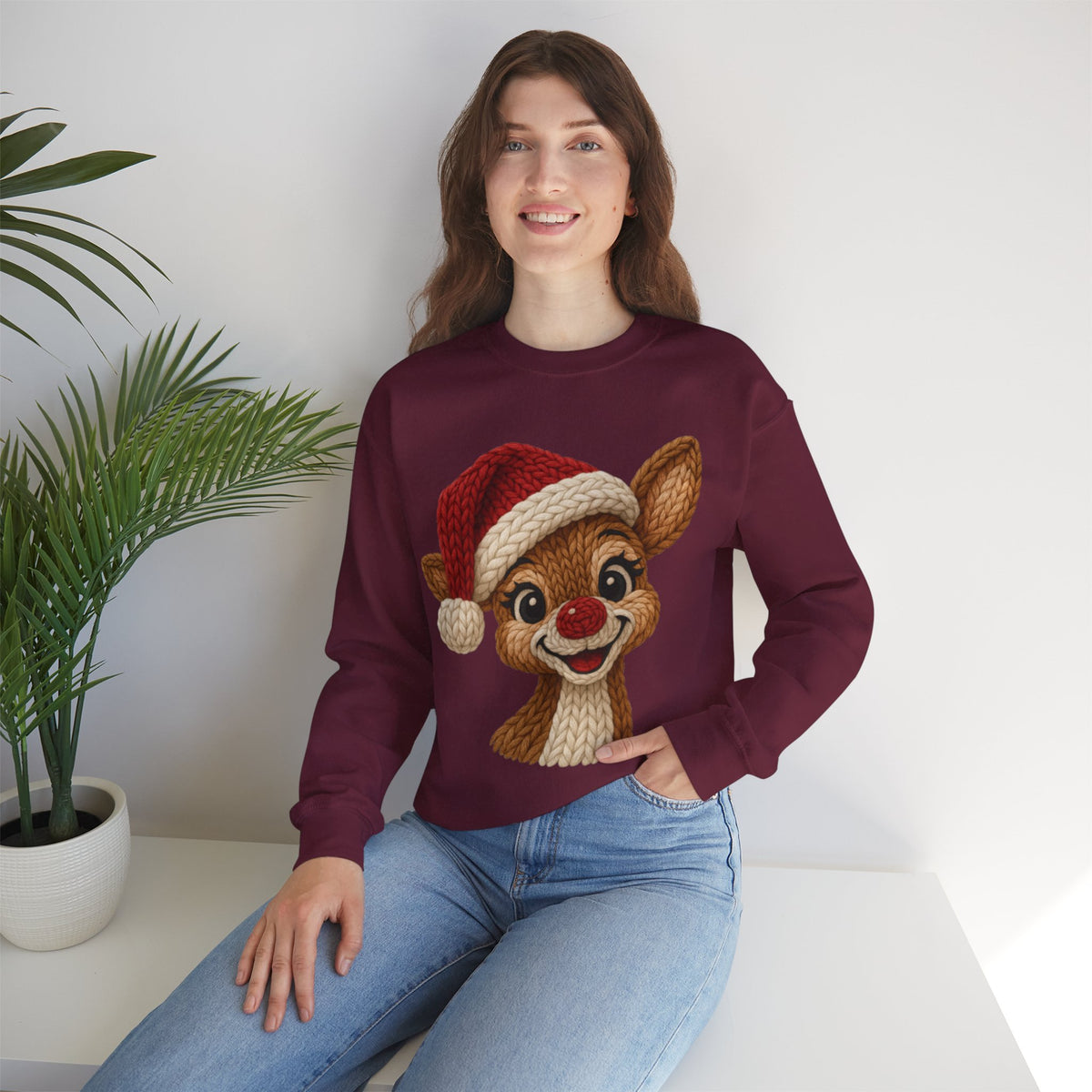 Cute Rudolph Faux Knit Look Reindeer w/Santa Hat – Gildan Heavy Blend | Trendy Women’s Soft Sweatshirt. Direct to Garment. Printed & Shipped in the USA. Unisex Sizes.
