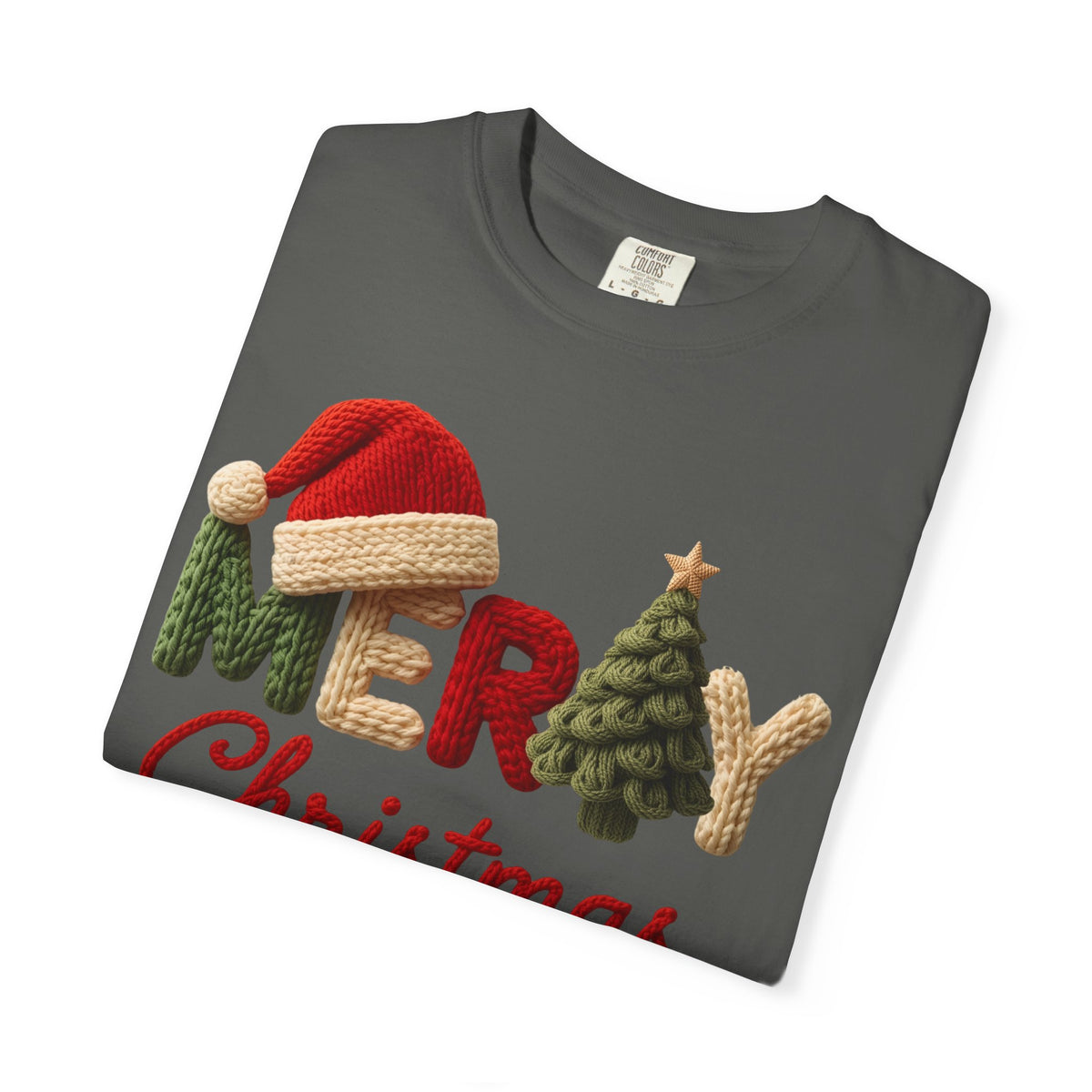 Merry Christmas Faux Yarn w/Santa Hat & Tree - Comfort Colors | Trendy Women's T-Shirt. Direct to Garment. Printed & Shipped in the USA. Unisex Sizes.