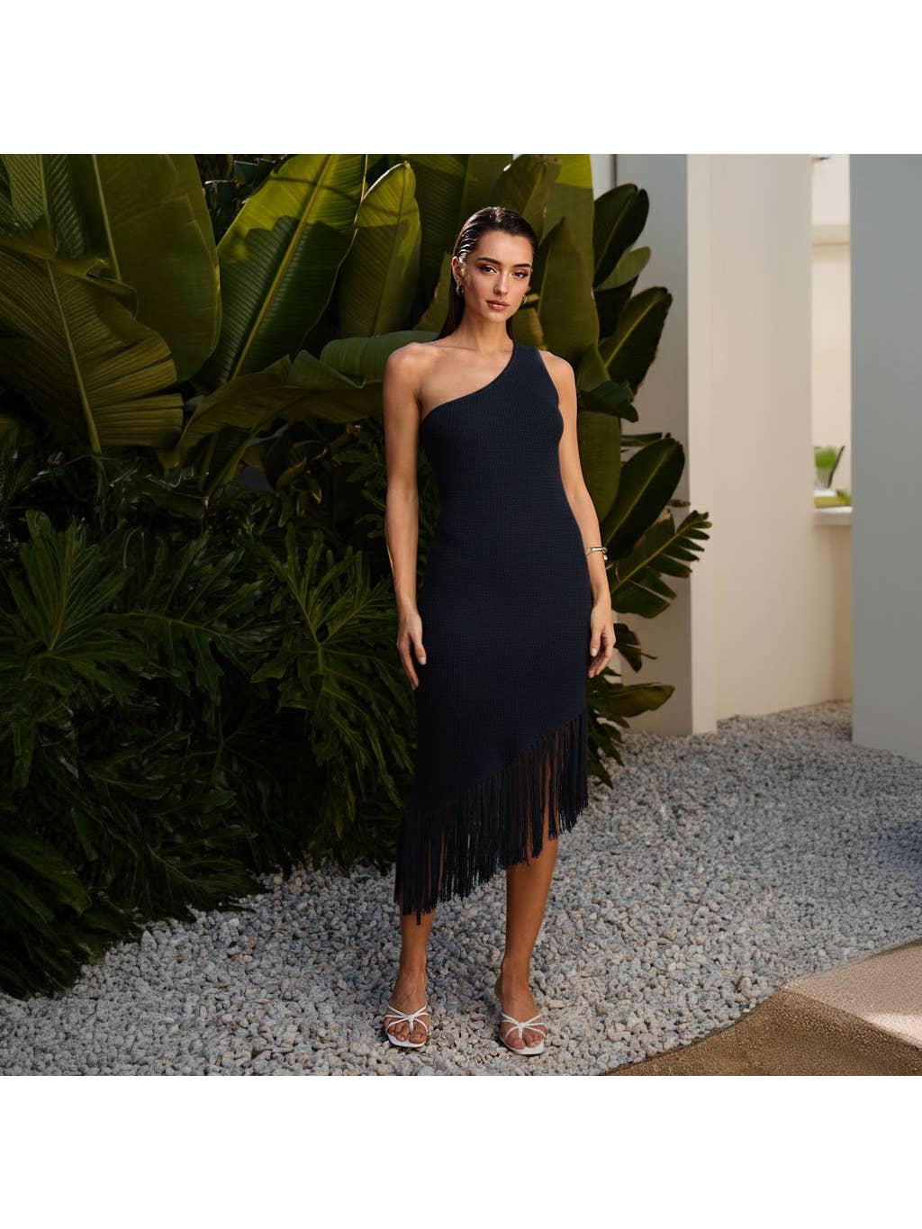 Selina (Navy) Off-The-Shoulder Dress with Fringes (100% Cotton)