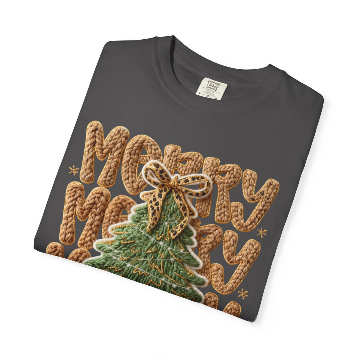 Merry Merry Merry Christmas, Faux Latch Hook Yarn - Comfort Colors | Trendy Women's T-Shirt. Direct to Garment. Printed & Shipped in the USA. Unisex Sizes.