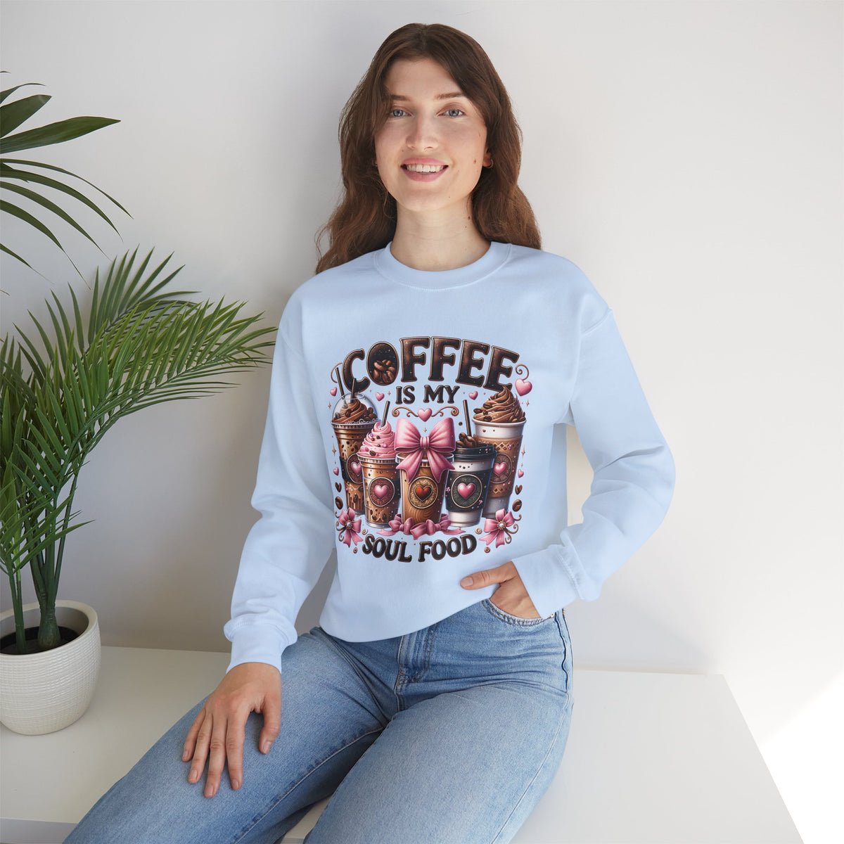 Coffee Is My Soul Food, Iced Coffee, Pink Bow – Gildan Heavy Blend | Trendy Women’s Soft Sweatshirt. Direct to Garment. Printed & Shipped in the USA. Unisex Sizes.