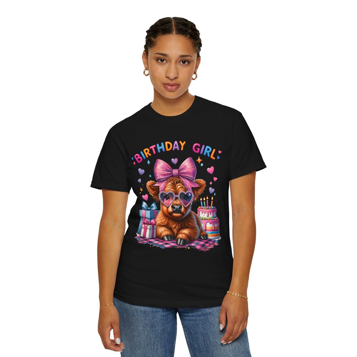 Birthday Girl, Highland Cow - Comfort Colors | Trendy Women's T-Shirt. Direct to Garment. Printed & Shipped in the USA. Unisex Sizes.